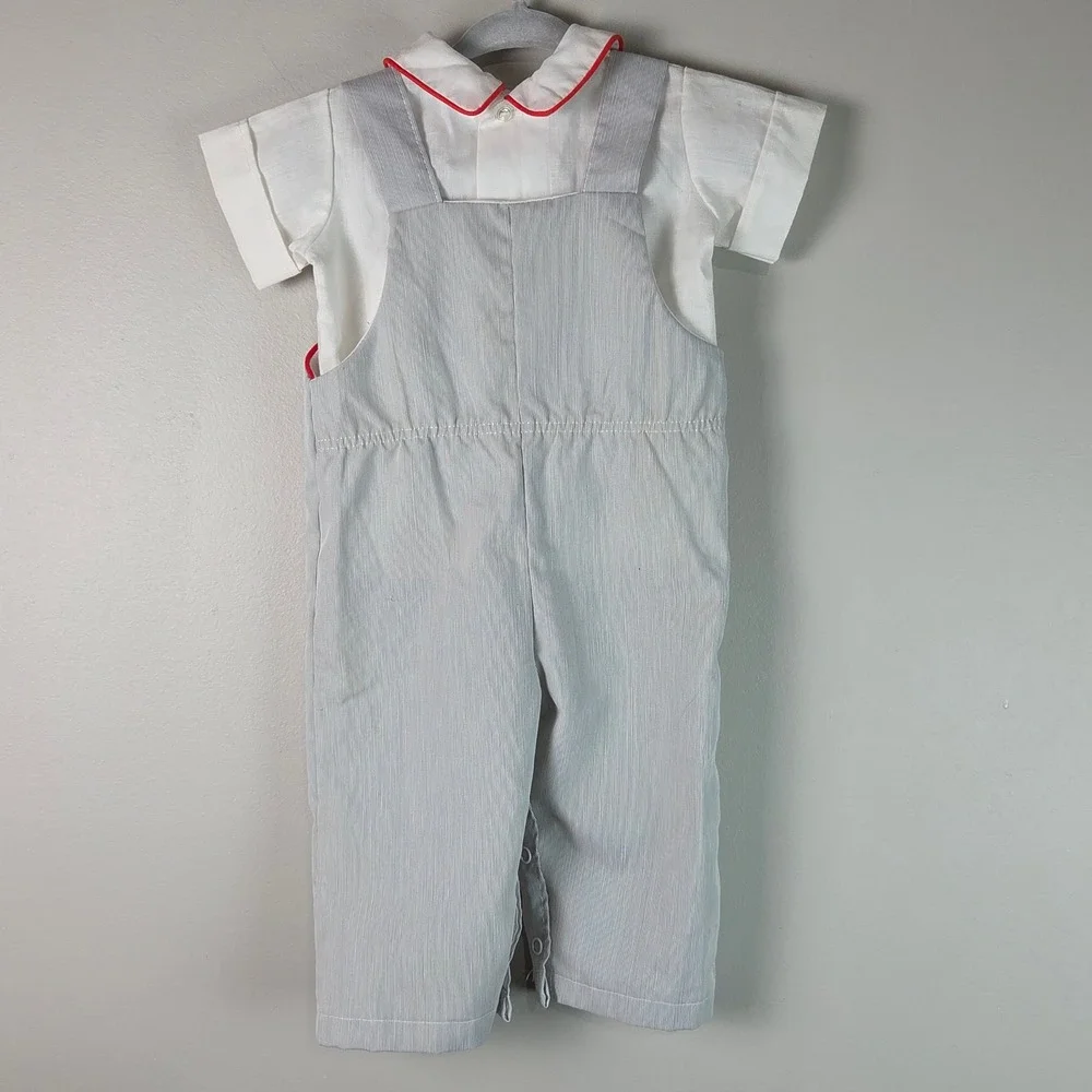 Trotter Street Vintage Overalls Set Kids 6M Blue White Good Animal Applique